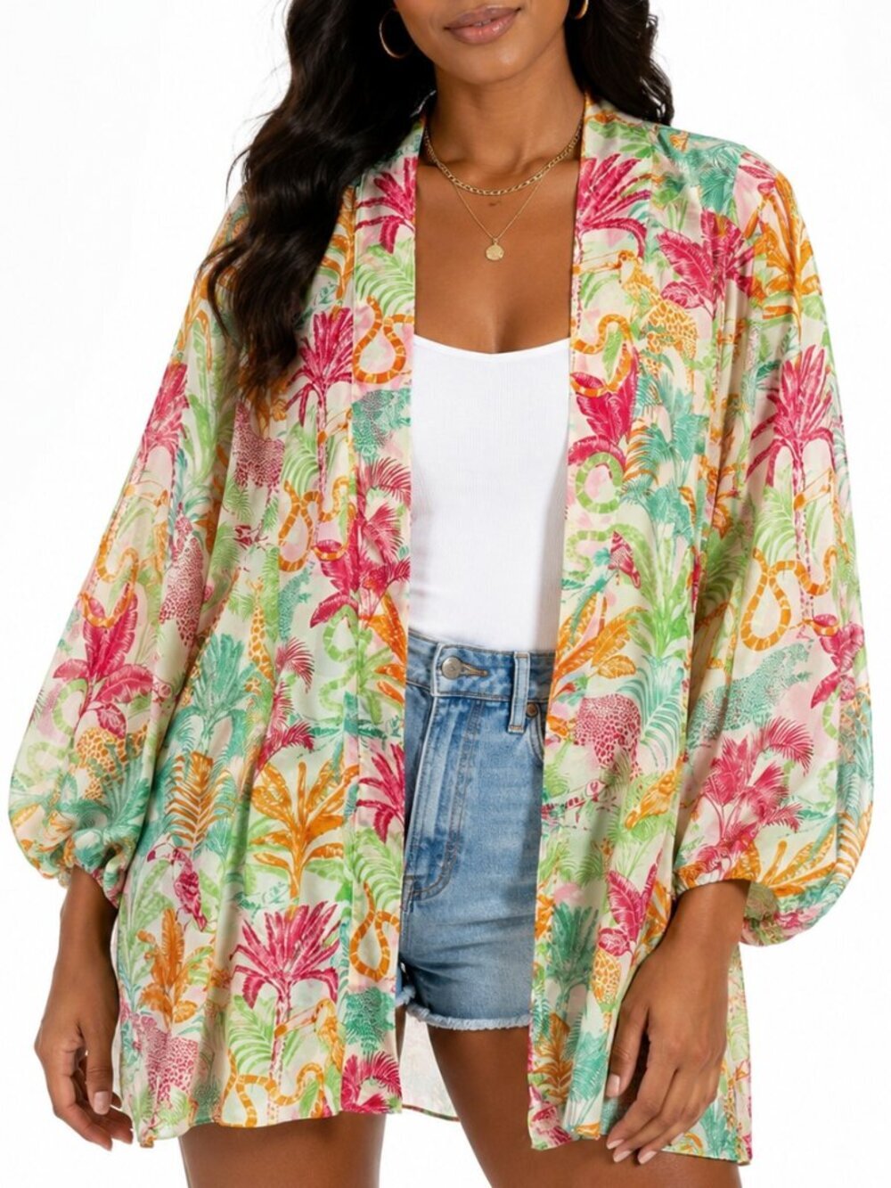 CAbi Tropical Print Pink Orange Cream Coverup Kimono